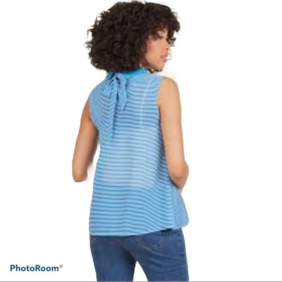 MODCLOTH blouse top blue pineapple fusion collard sleeveless woman’s size small - Picture 2 of 5